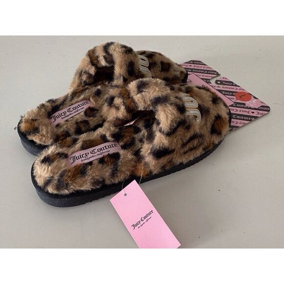 Juicy Couture ELDORIS 2 Faux Fur LEOPARD Slip On Slide Slippers Women’s L 9/10 - Picture 5 of 10